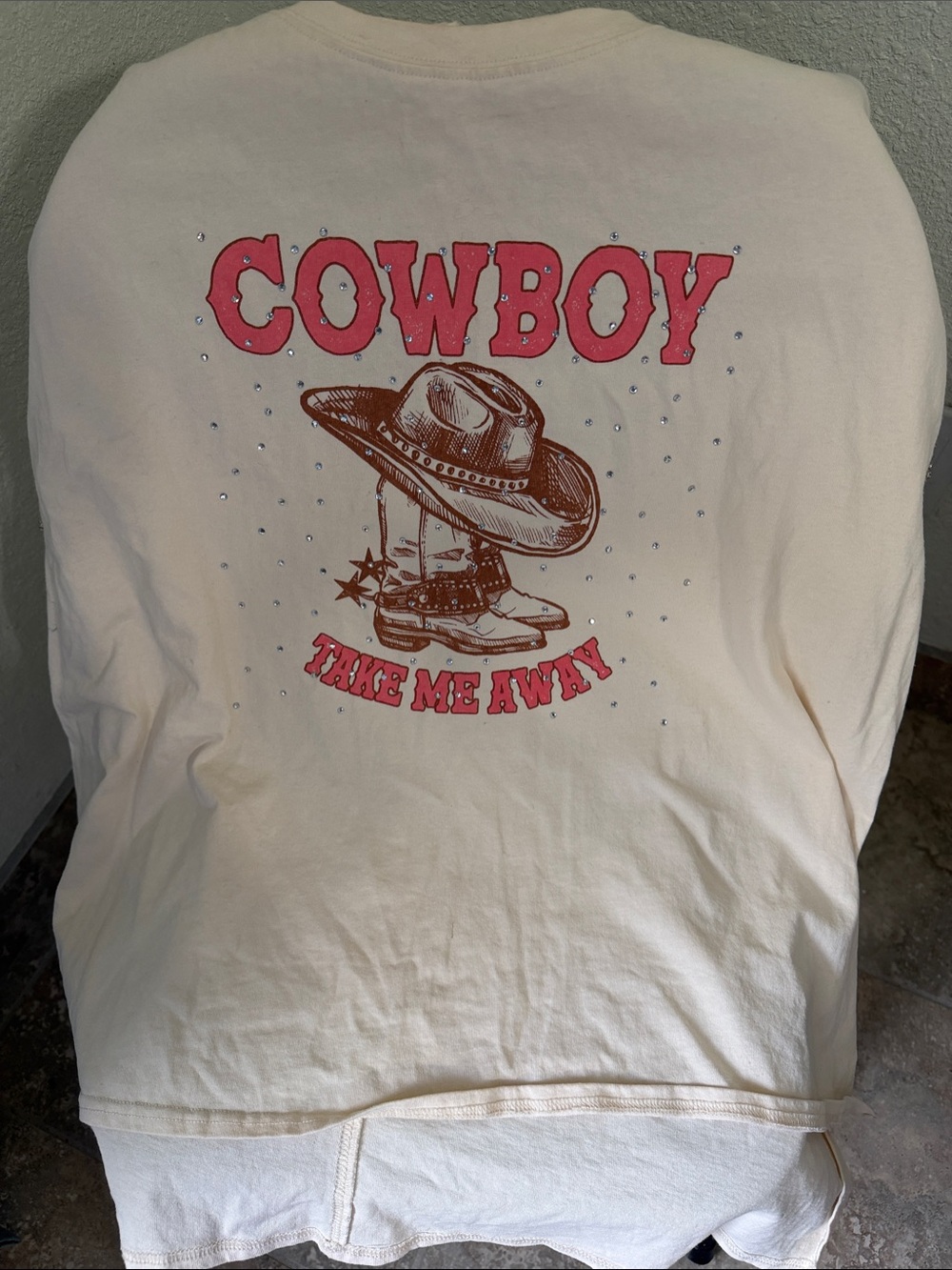 Fantastic Fawn Cream Tee with rhinestones & Pink Cowboy Graphic
